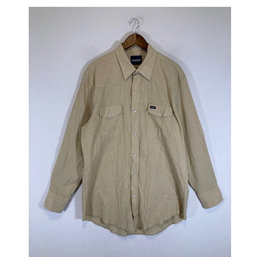Western Cowboy Wrangler Mens XLT Tan Cotton Pearl Snap Long Sleeve Shirt MS728KH